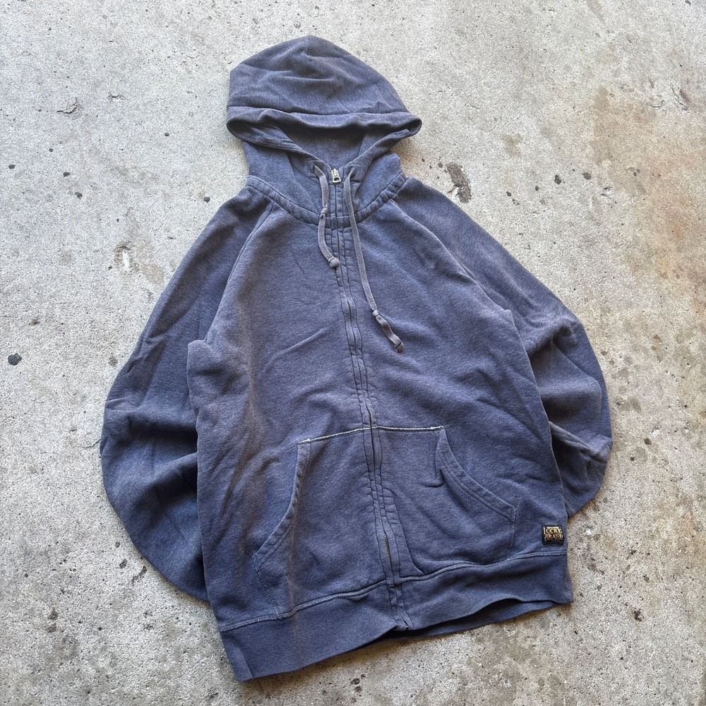 Lucky Brand Mens Medium Blue Full Zip Hoodie Sweatshirt Raglan Sleeve